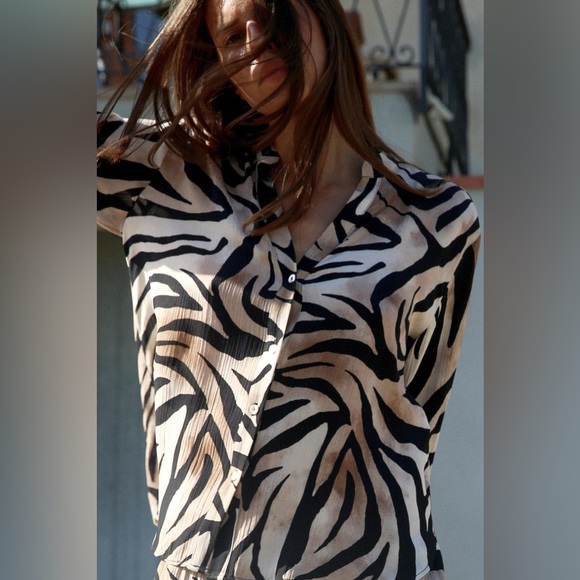 Zara Brown and Black Flowy Animal Print Button Up Long Sleeve Shirt Size Medium - Picture 3 of 13